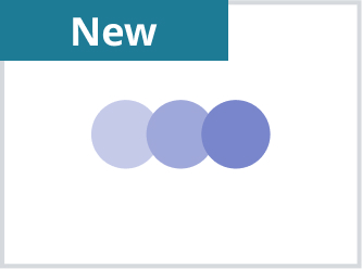 A badge in the top left with the word new. Three slightly overlapping, horizontal dots in darkening shades of blue.